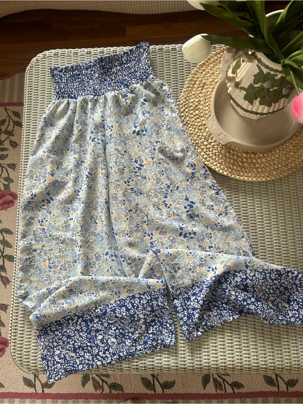 Sienna Sky Blue Floral Maxi Skirt with Smocked Waist